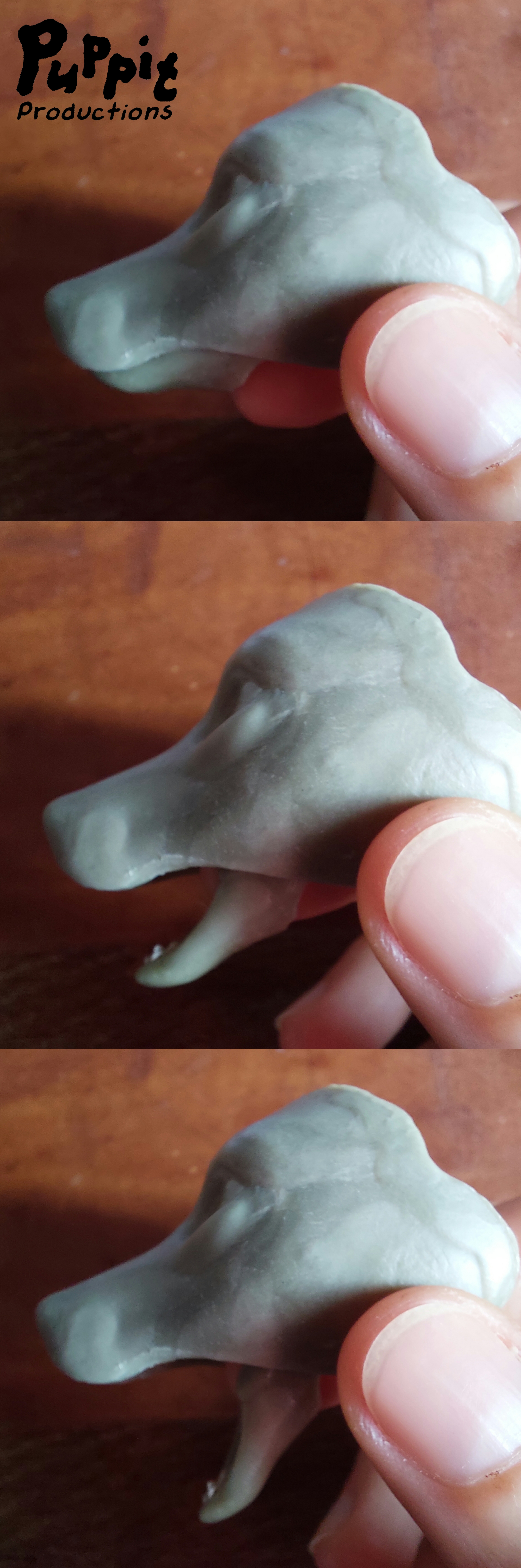 A set of three pictures, showing the face plate of a red wolf doll head in grey clay from the side with the hinged mouth closed, half open and fully opened. The head is not fully sanded yet and shows some marks and scratches.