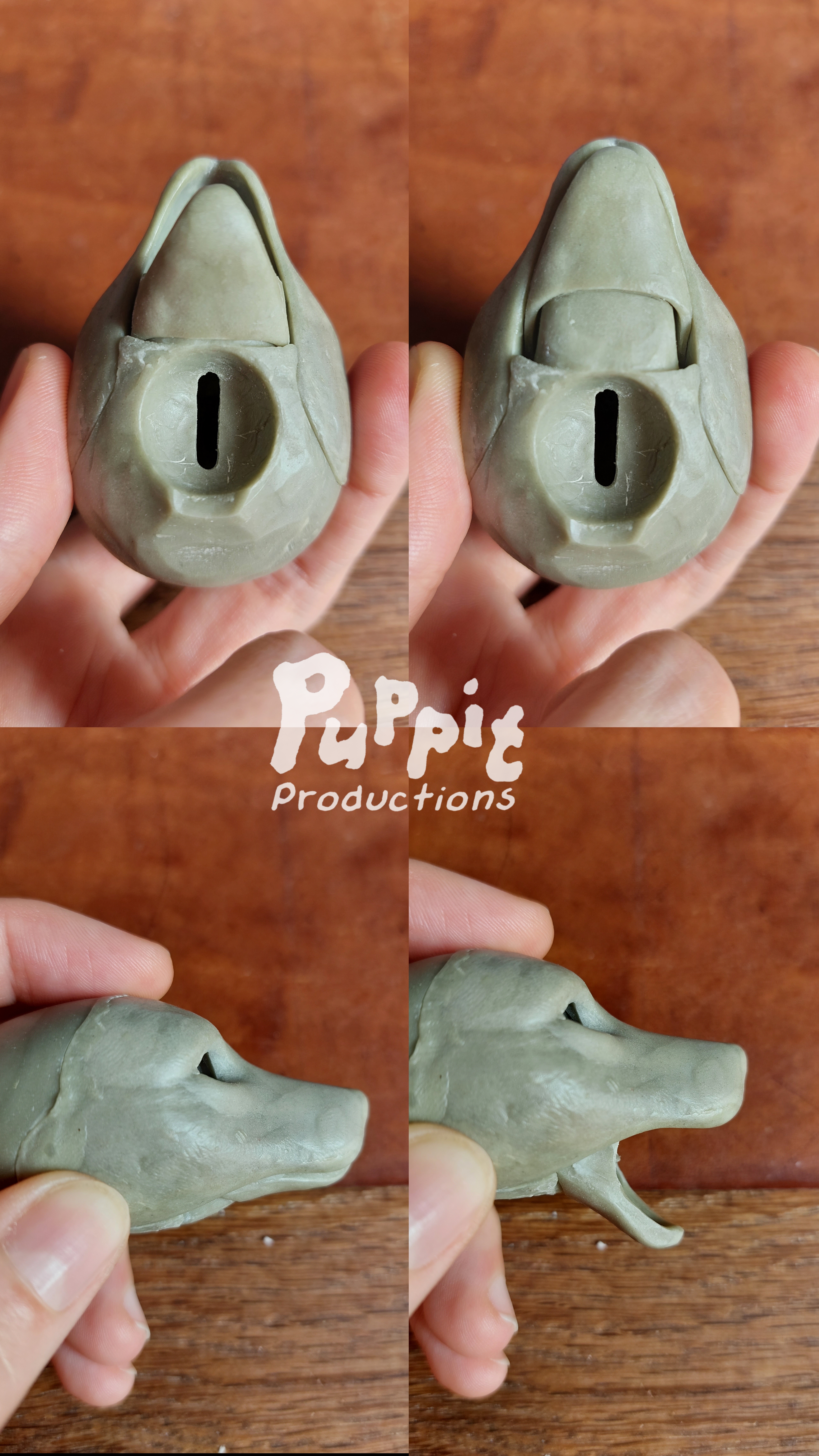 A set of 4 pictures of the same small wolf doll head in grey clay. The head is still a little rough, not smoothly sanded, and doesn’t sport any ears, eyes or teeth. The first two pictures show the head from below, one where the hinged jaw is closed and one where it’s open. The third and fourth picture show the head from the side, again one with the jaw closed and one where it’s open.